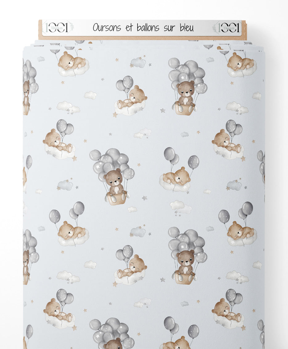 Tissu - Oursons et ballons sur bleu