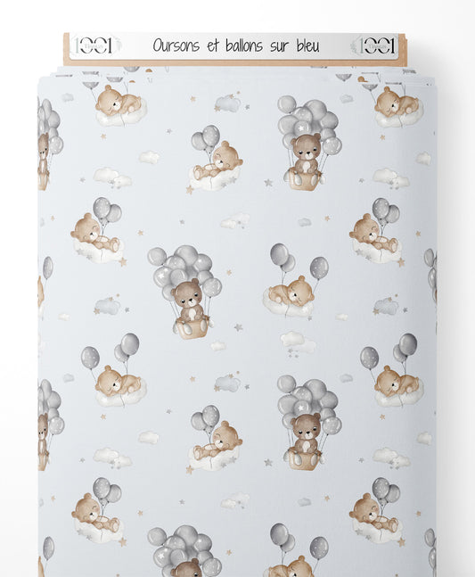 Tissu - Oursons et ballons sur bleu