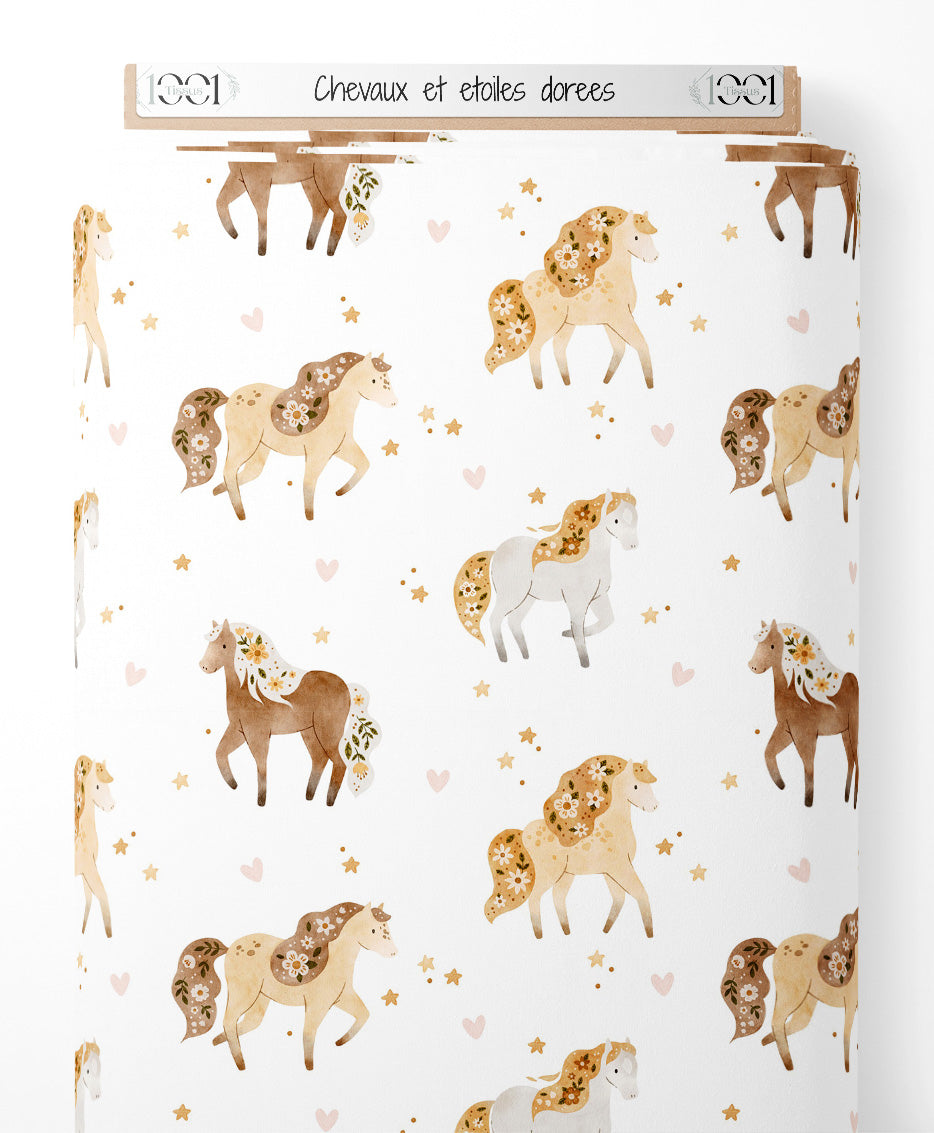 Tissu - Chevaux et étoiles dorées