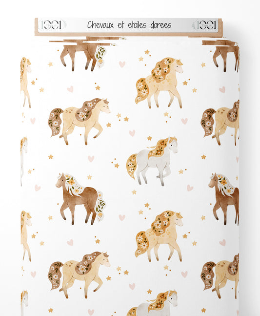 Tissu - Chevaux et étoiles dorées