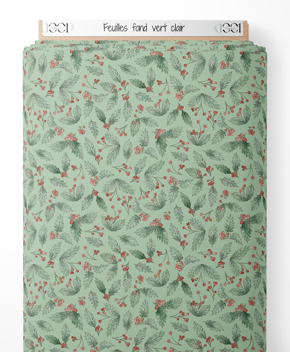 Tissu - Feuilles sur fond vert clair
