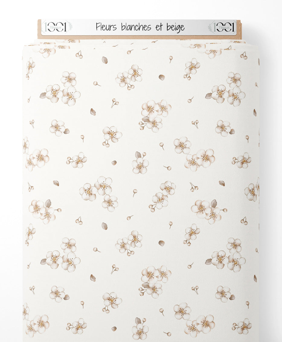 Tissu - Fleurs blanches et beige