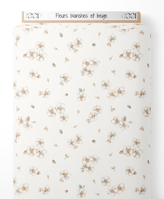 Tissu - Fleurs blanches et beige