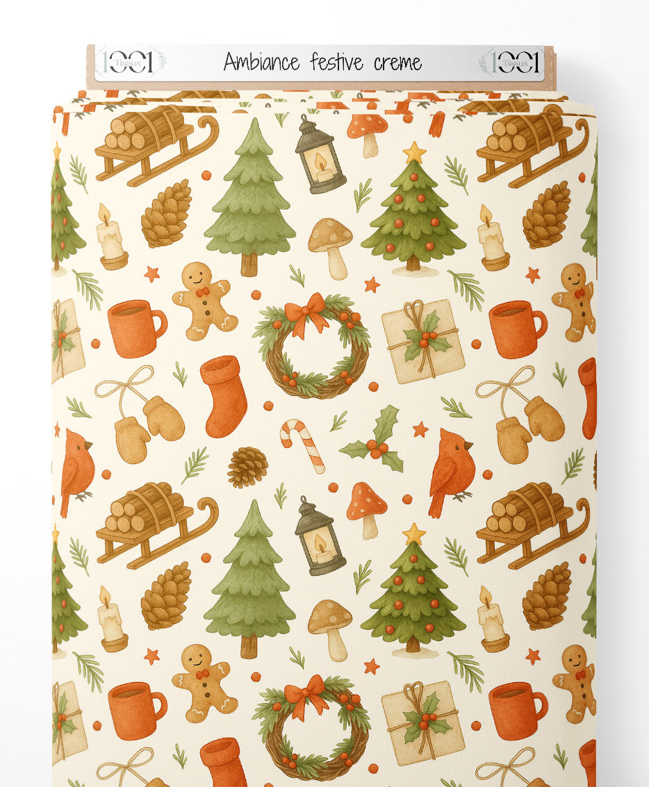 Tissu - Ambiance festive crème