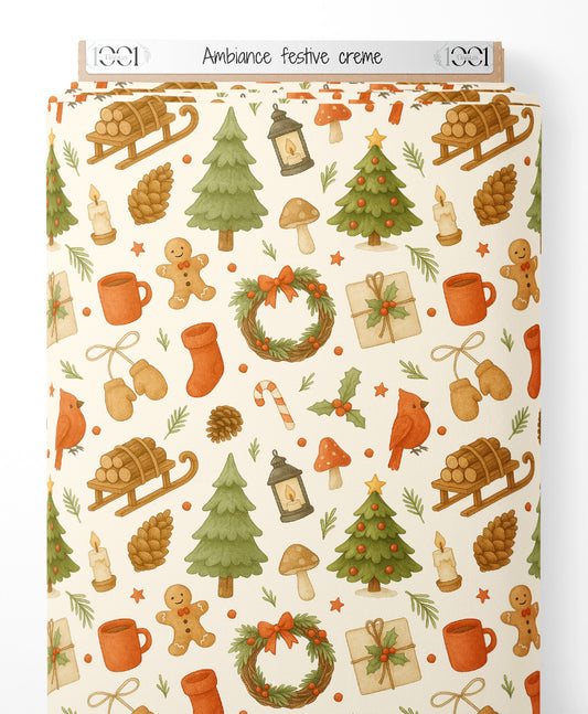 Tissu - Ambiance festive crème