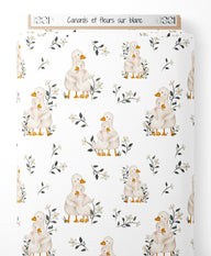 Tissu - Canards et fleurs sur blanc