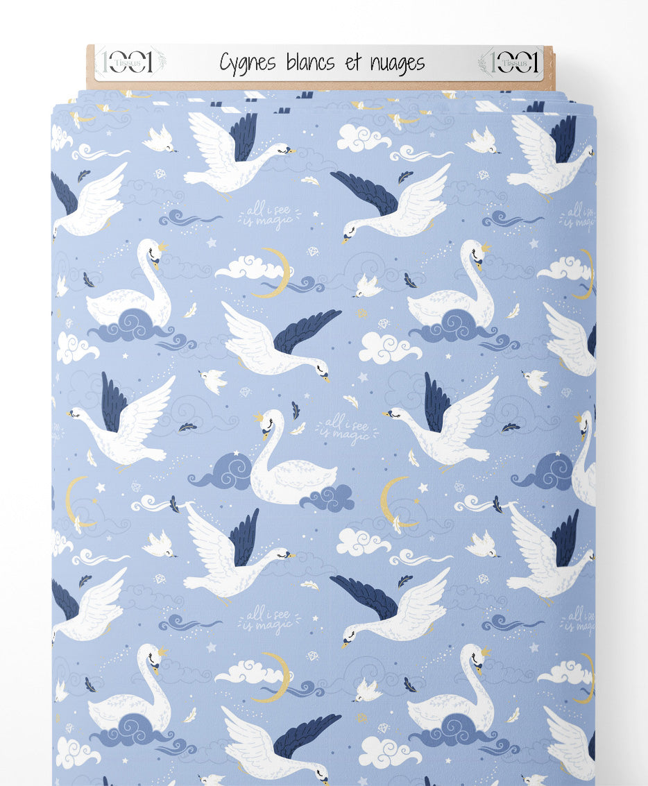 Tissu - Cygnes blancs et nuages