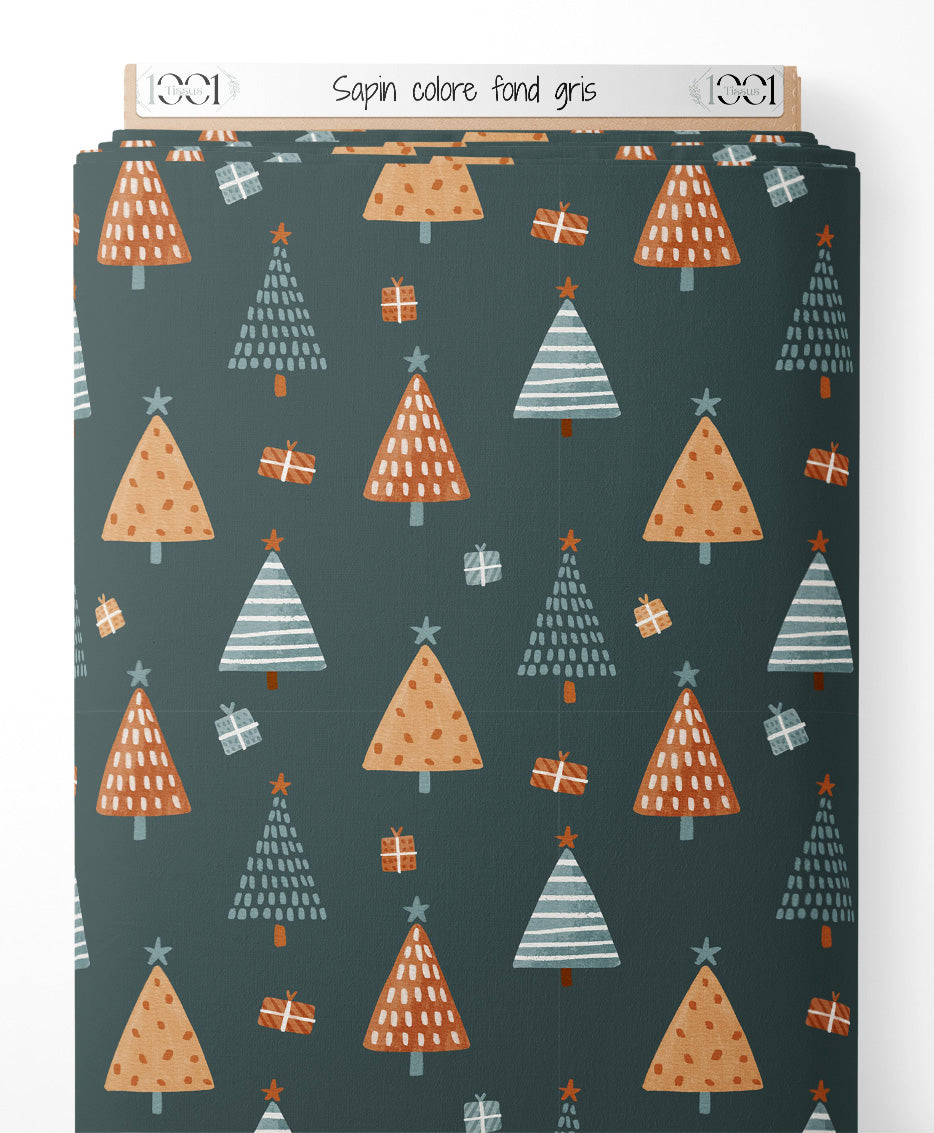 Tissu - Sapin coloré sur fond gris