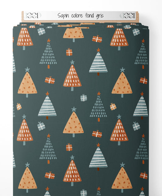 Tissu - Sapin coloré sur fond gris