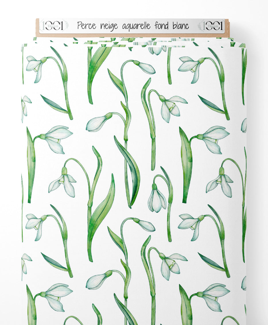 Tissu - Perce-neige aquarelle fond blanc