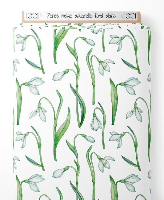 Tissu - Perce-neige aquarelle fond blanc