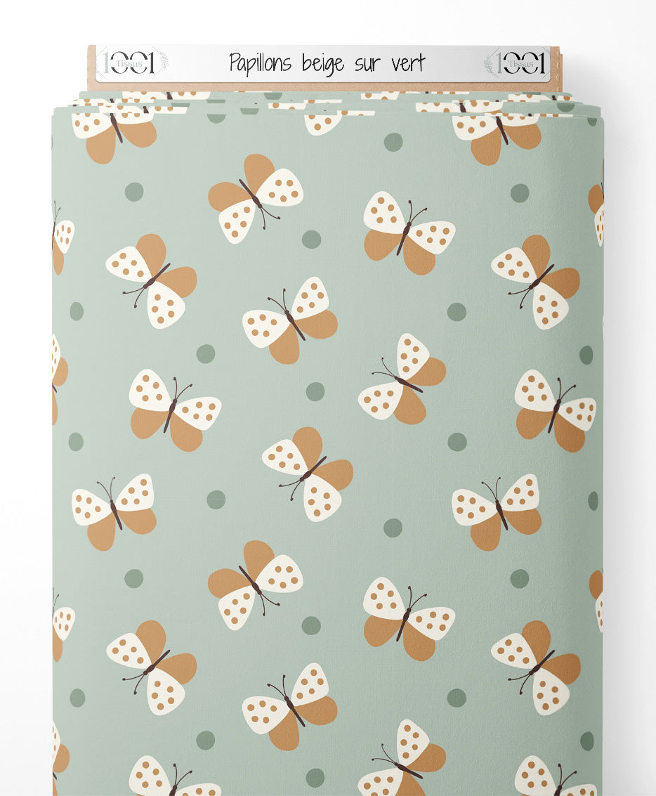 Tissu - Papillons beige sur vert