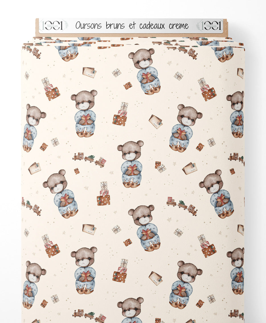 Tissu - Oursons bruns et cadeaux crème