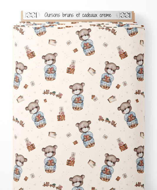 Tissu - Oursons bruns et cadeaux crème