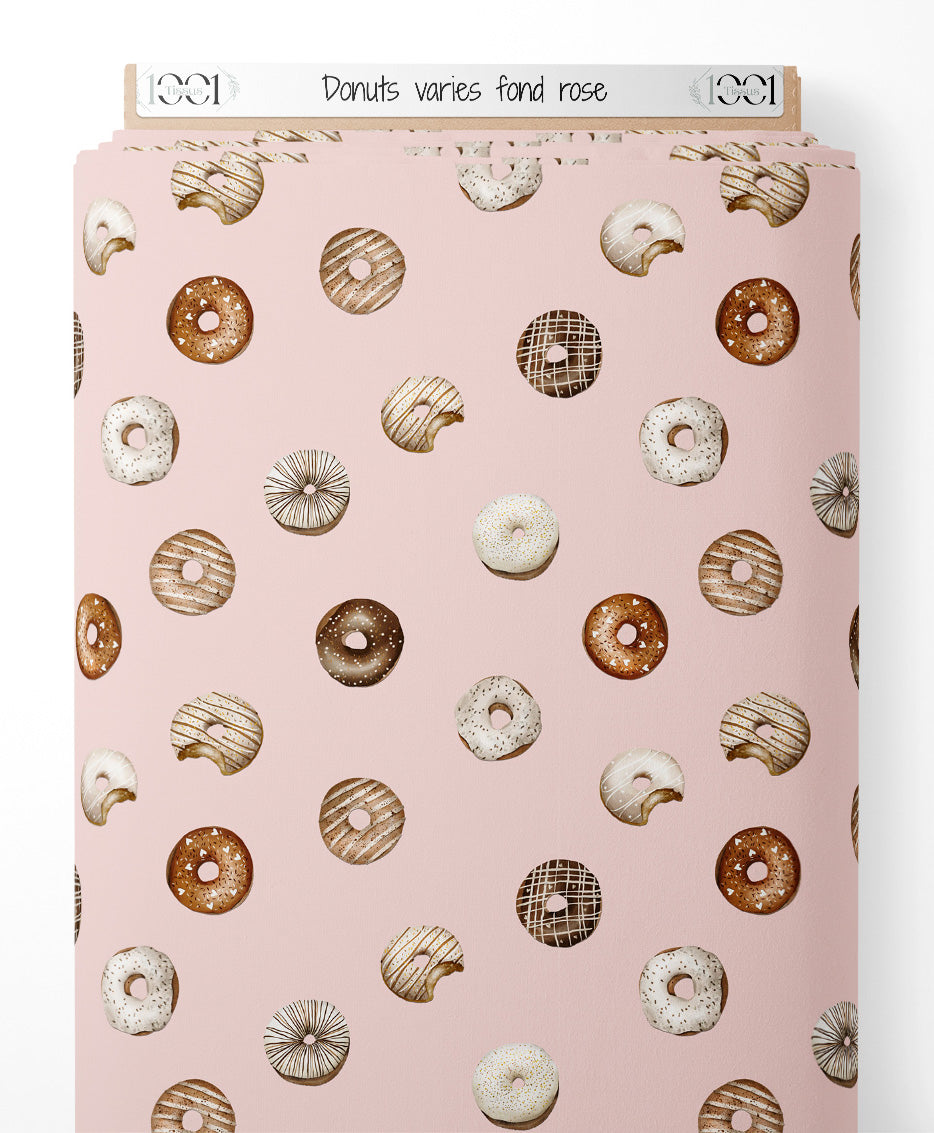 Tissu - Donuts variés sur fond rose