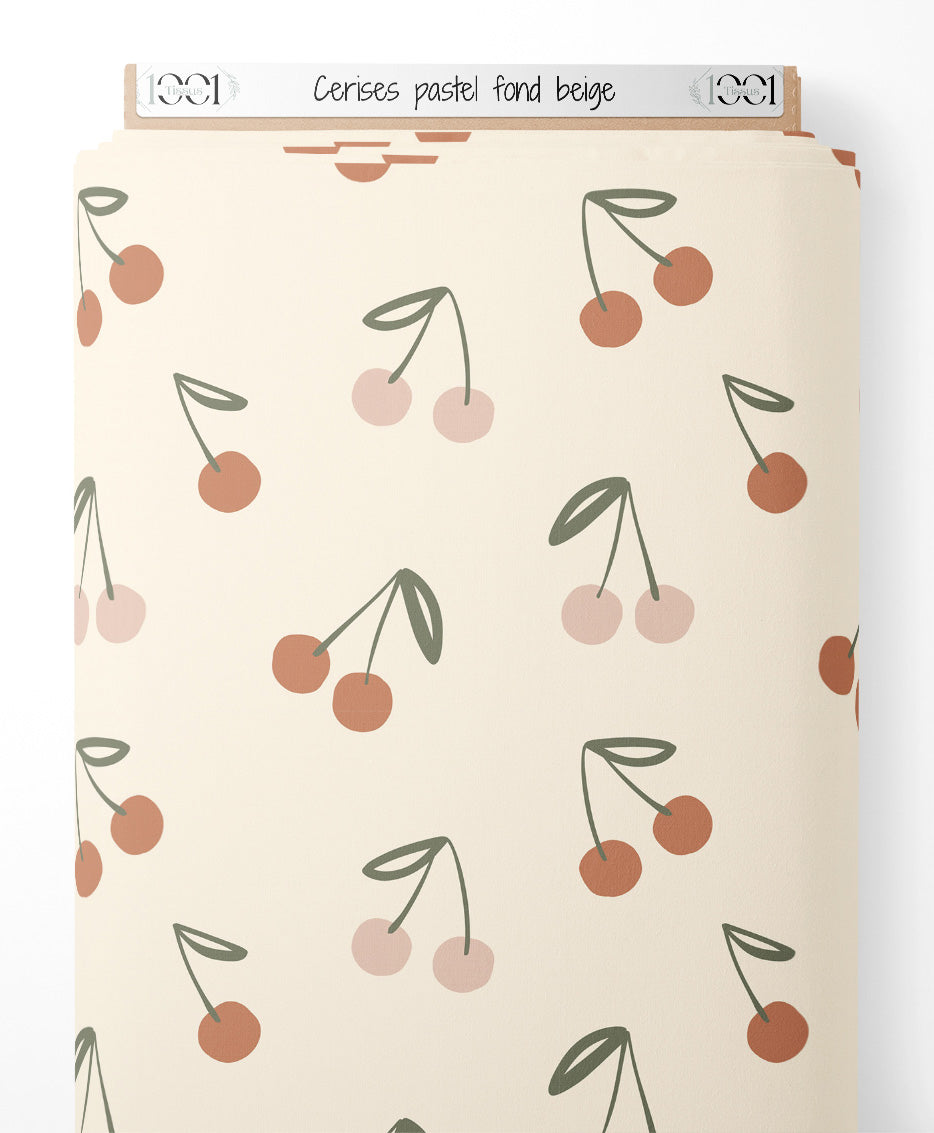Tissu - Cerises pastel sur fond beige