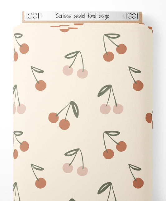 Tissu - Cerises pastel sur fond beige
