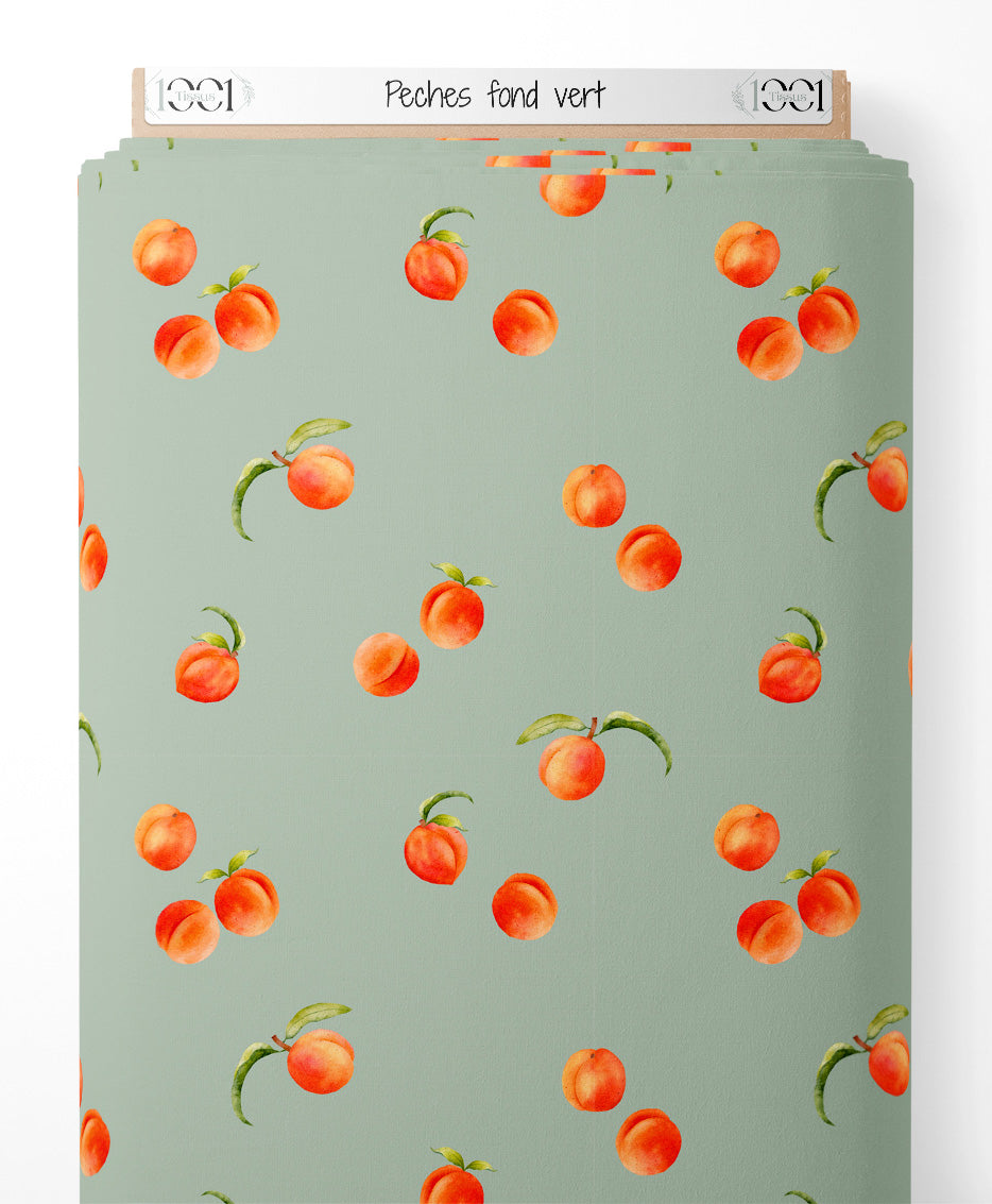 Tissu - Pêches sur fond vert