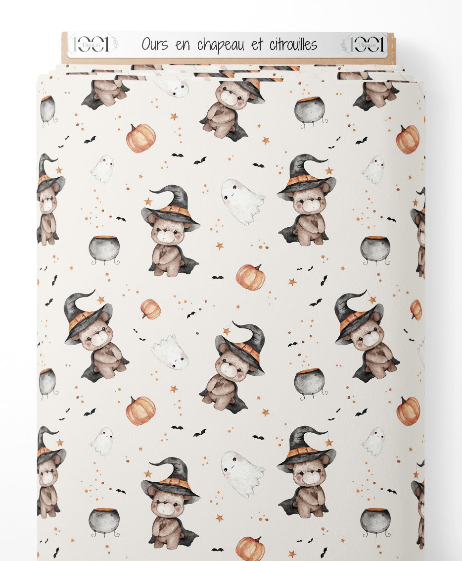 Tissu - Ours en chapeau et citrouilles
