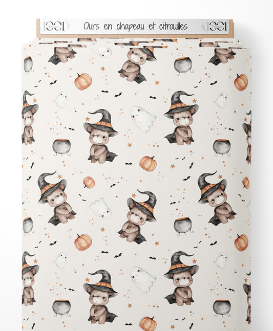 Tissu - Ours en chapeau et citrouilles