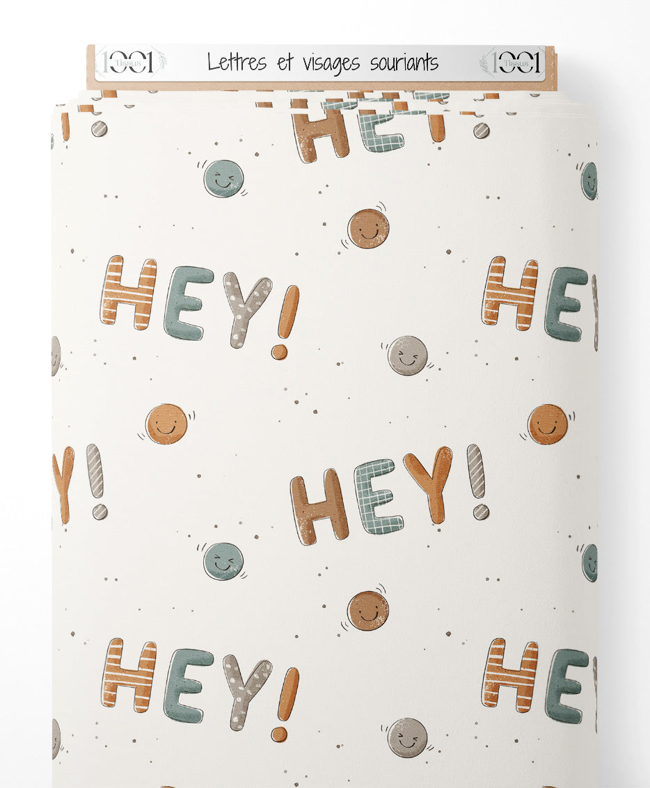 Tissu - Lettres et visages souriants