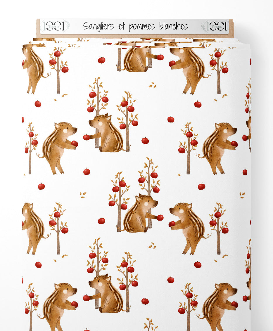 Tissu - Sangliers et pommes blanches