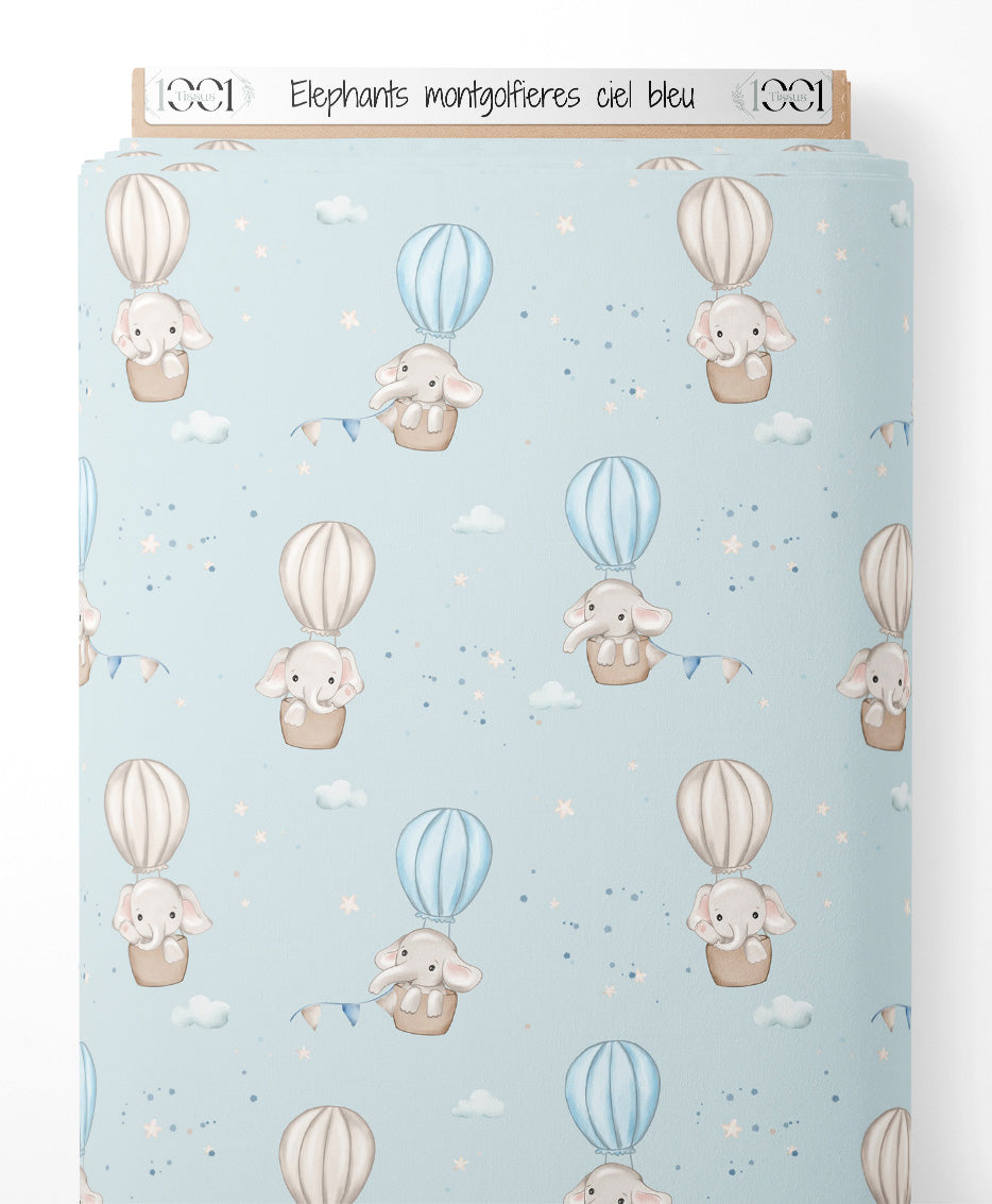 Tissu - Éléphants montgolfières ciel bleu