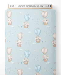 Tissu - Éléphants montgolfières ciel bleu
