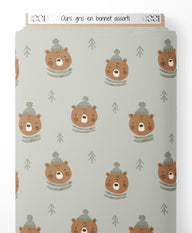 Tissu - Ours gris en bonnet assorti