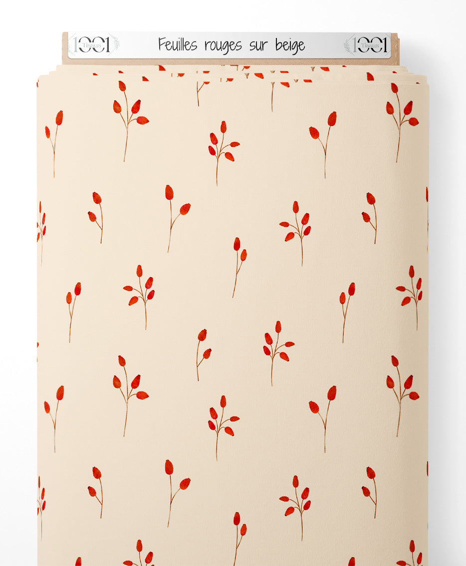 Tissu - Feuilles rouges sur beige