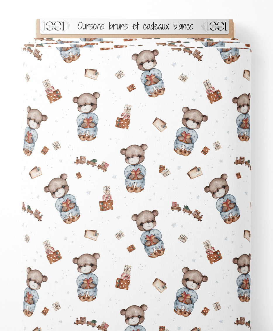 Tissu - Oursons bruns et cadeaux blancs