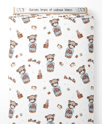 Tissu - Oursons bruns et cadeaux blancs