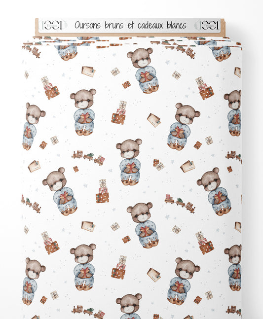Tissu - Oursons bruns et cadeaux blancs
