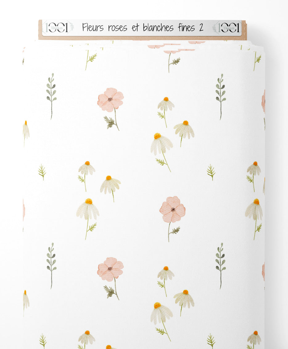 Tissu - Fleurs roses et blanches fines 2