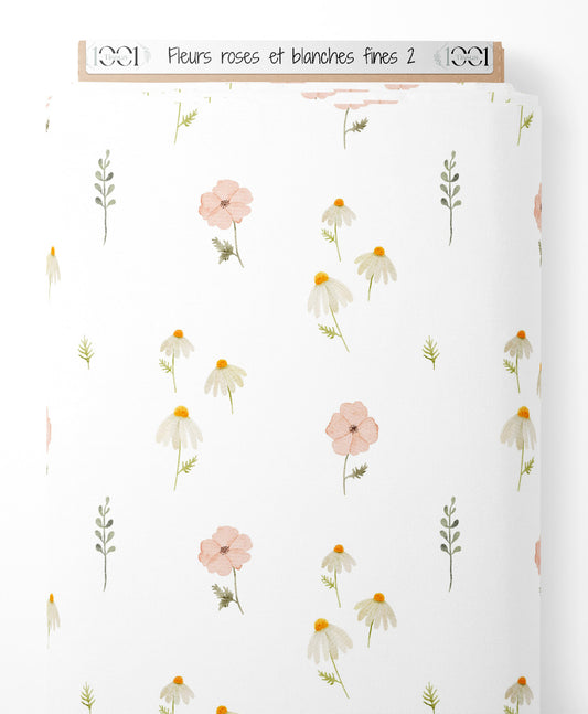 Tissu - Fleurs roses et blanches fines 2