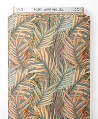 Tissu - Feuilles pastel sur fond bleu