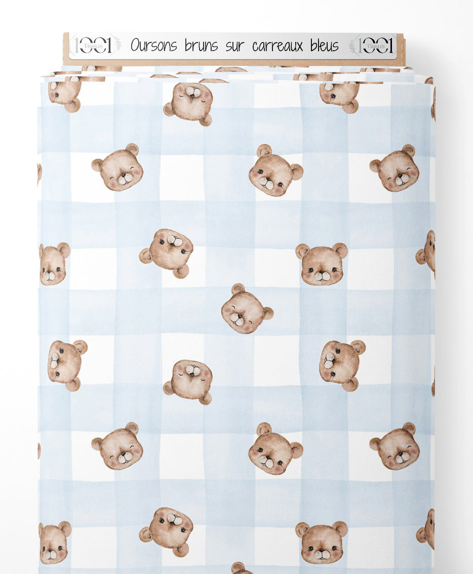 Tissu - Oursons bruns sur carreaux bleus