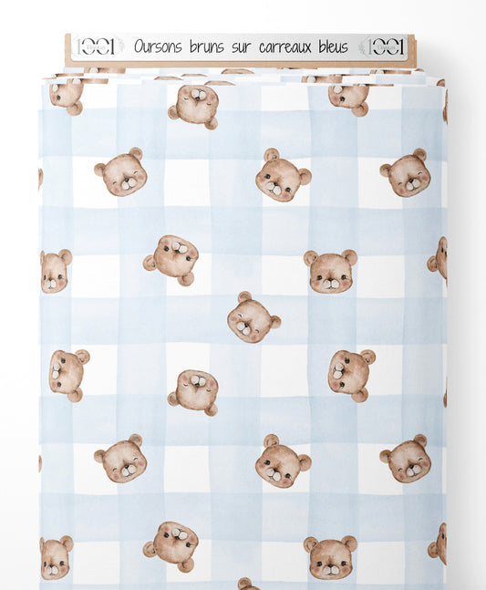 Tissu - Oursons bruns sur carreaux bleus