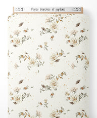 Tissu - Roses blanches et papillons