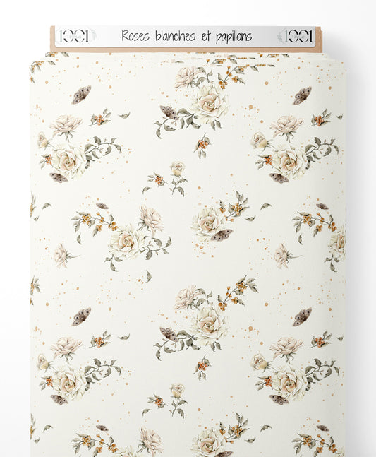 Tissu - Roses blanches et papillons