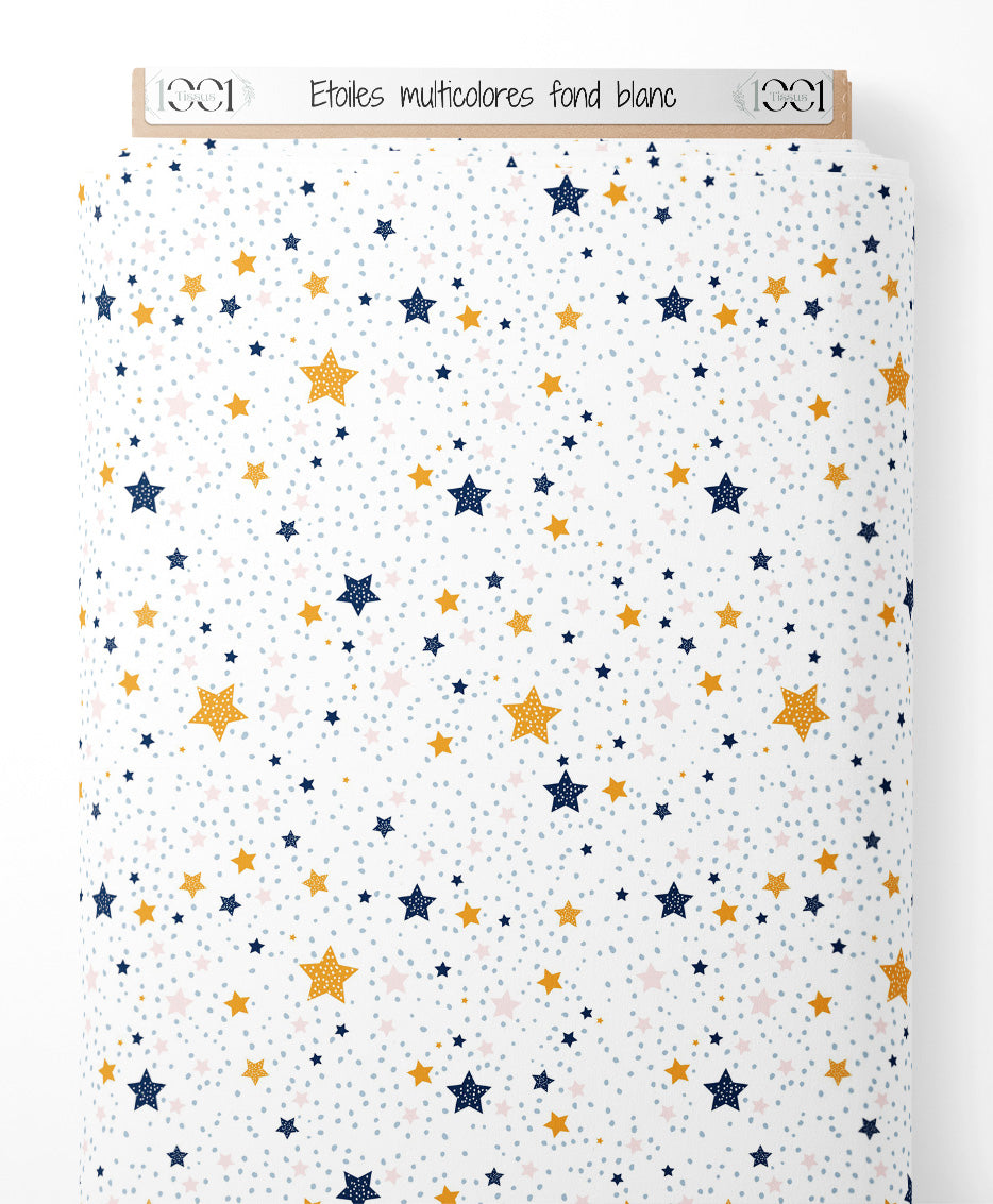 Tissu - Étoiles multicolores sur fond blanc