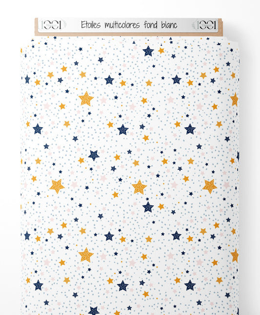 Tissu - Étoiles multicolores sur fond blanc