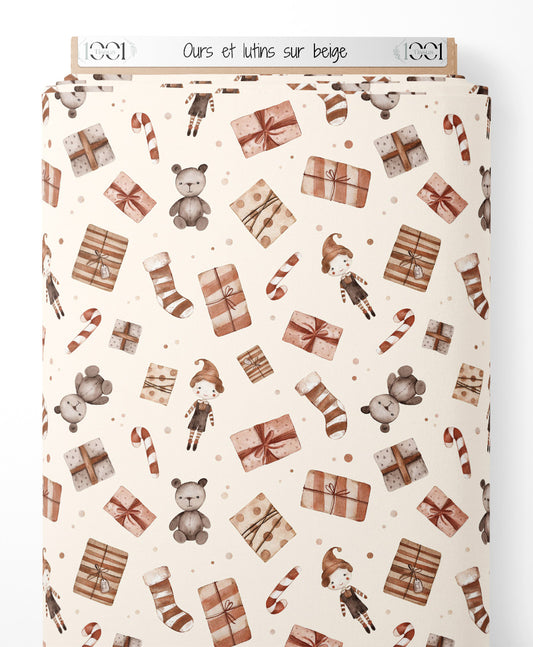 Tissu - Ours et lutins sur beige