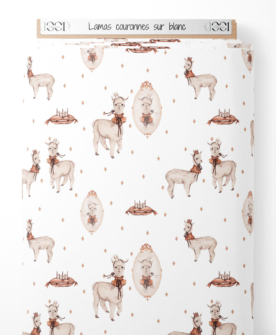 Tissu - Lamas couronnés sur blanc