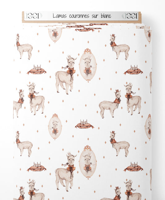 Tissu - Lamas couronnés sur blanc