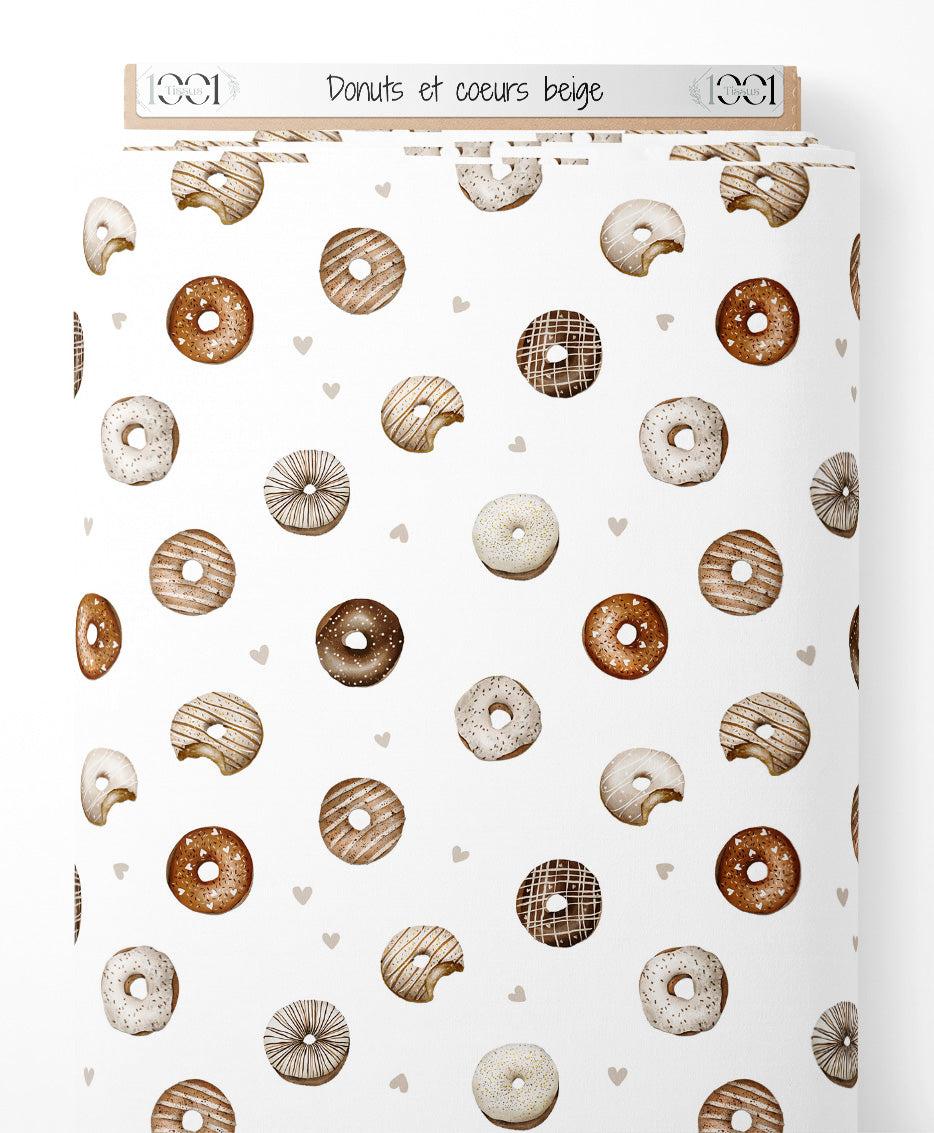 Tissu - Donuts et cœurs beige