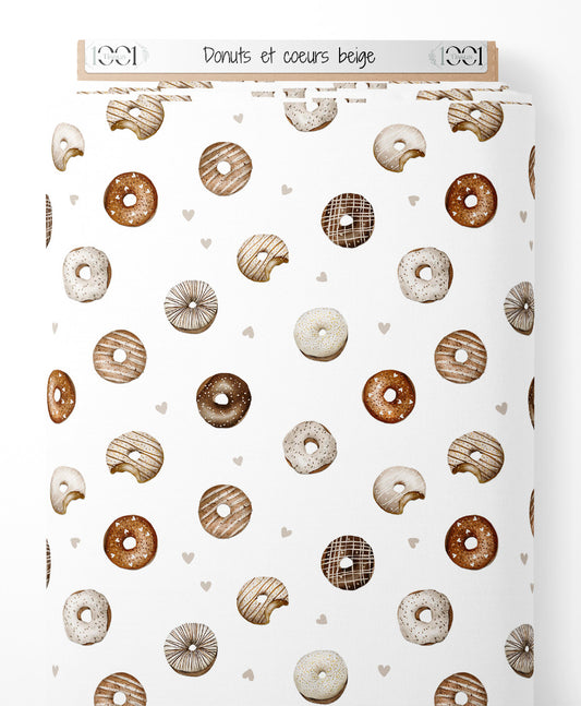 Tissu - Donuts et cœurs beige