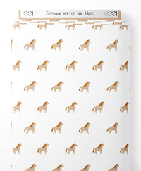 Tissu - Chevaux marron sur blanc