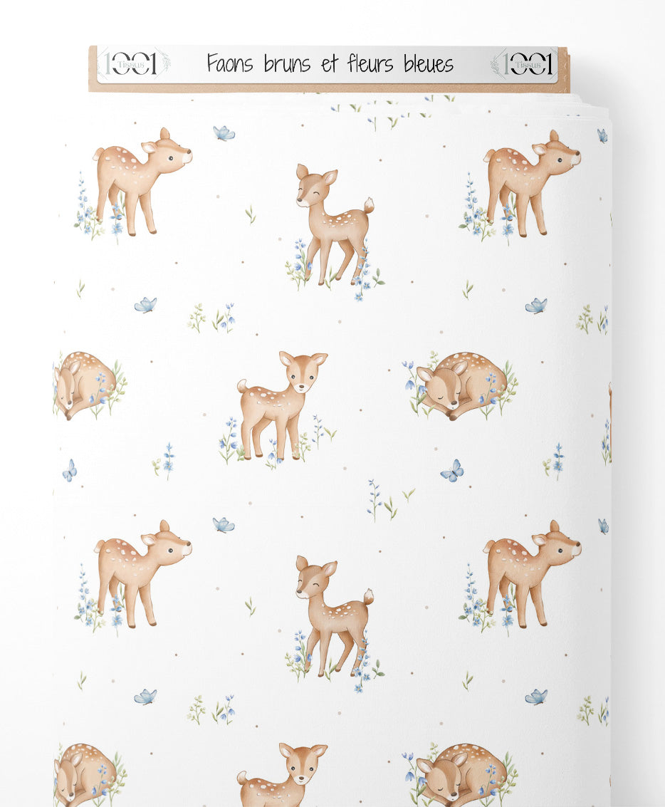 Tissu - Faons bruns et fleurs bleues