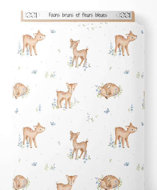 Tissu - Faons bruns et fleurs bleues